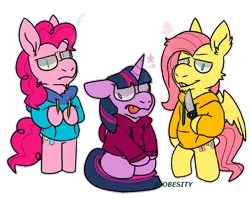 Size: 1024x809 | Tagged: safe, artist:pony-puke, derpibooru import, fluttershy, pinkie pie, twilight sparkle, twilight sparkle (alicorn), alicorn, pony, bipedal, clothes, derp, hoodie, knife, simple background, sweater, tongue out, transparent background