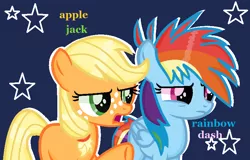 Size: 785x501 | Tagged: safe, artist:lightningshine25, derpibooru import, applejack, rainbow dash, earth pony, pegasus, pony, blue background, female, filly, filly applejack, filly rainbow dash, frown, glare, open mouth, pointing, raised hoof, simple background, unamused, younger