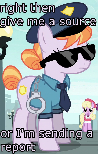 Size: 472x740 | Tagged: safe, derpibooru import, edit, edited screencap, screencap, copper top, luckette, pony, the gift of the maud pie, clothes, cuffs, hat, image macro, meme, police officer, police pony, reaction image, sunglasses