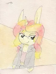 Size: 683x889 | Tagged: safe, derpibooru import, sunset shimmer, pony, belly button, bipedal, clothes, equestria girls outfit, jacket, midriff, short shirt, solo, traditional art