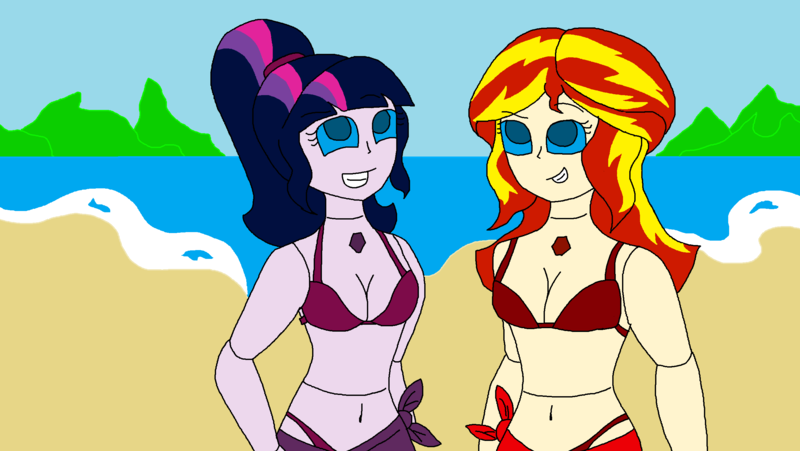 Size: 2540x1432 | Tagged: suggestive, artist:brandon-vortex, derpibooru import, sci-twi, sunset shimmer, twilight sparkle, robot, equestria girls, bikini, breasts, clothes, swimsuit