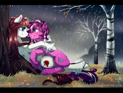 Size: 1500x1142 | Tagged: safe, artist:ka-samy, derpibooru import, oc, unofficial characters only, pony, autumn, commission, female, hug, lesbian, looking at each other, rain, shipping, smiling, snuggling, tree, unshorn fetlocks