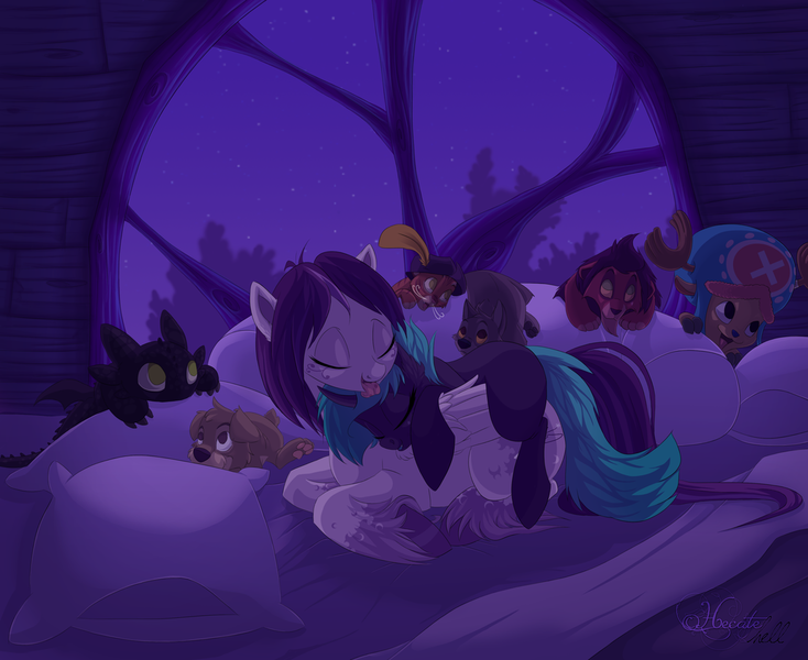 Size: 1024x837 | Tagged: safe, artist:hecatehell, derpibooru import, oc, oc:angel heart, unofficial characters only, pegasus, pony, unicorn, balto, bed, bedroom, female, how to train your dragon, licking, mare, night, one piece, prone, puss in boots, scamp, scar (the lion king), sleeping, the lion king, tongue out, tony tony chopper, toothless the dragon