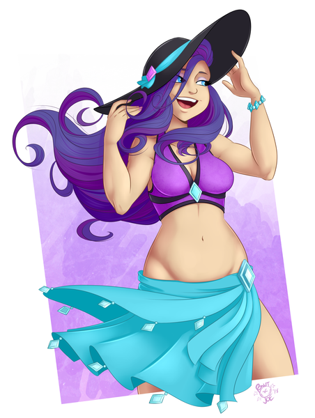 Size: 2300x3050 | Tagged: suggestive, artist:ponut_joe, derpibooru import, rarity, human, equestria girls, equestria girls series, forgotten friendship, abstract background, beautiful, belly button, bicolor swimsuit, bikini, bikini top, bracelet, breasts, busty rarity, cleavage, clothes, female, happy, hat, high res, human coloration, humanized, jeweled swimsuit, jewelry, nail polish, purple swimsuit, sarong, sexy, skirt, smiling, solo, solo female, sun hat, swimsuit