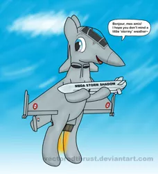 Size: 1815x1989 | Tagged: safe, artist:vectoredthrust, derpibooru import, original species, plane pony, pony, cloud, cruise missile, dassault rafale, fighter plane, france, french, french air force, french navy, jet, jet exhaust, jet fighter, mbda, missile, plane, roundel, sky, smiling, smirk, storm shadow