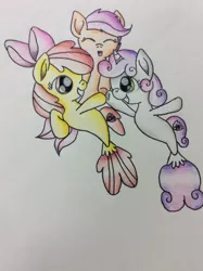 Size: 1936x2592 | Tagged: apple bloom, artist:cloudyhan24, cutie mark crusaders, derpibooru import, hoofbump, safe, scootaloo, sea-mcs, seaponified, seapony apple bloom, seapony (g4), seapony scootaloo, seapony sweetie belle, species swap, surf and/or turf, sweetie belle, traditional art, trio