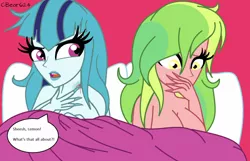 Size: 1280x824 | Tagged: suggestive, artist:cbear624, derpibooru import, lemon zest, sonata dusk, equestria girls, bed, biting, breasts, cleavage, dialogue, female, females only, implied nudity, implied sex, lemonata, lesbian, long nails, love bite, open mouth, shipping