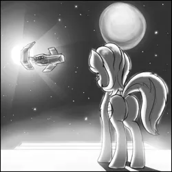 Size: 1500x1500 | Tagged: safe, artist:theomegaridley, derpibooru import, oc, oc:enigma, unofficial characters only, earth pony, pony, eve online, glasses, looking away, male, moon, plot, solo, space, spaceship, stars, sun