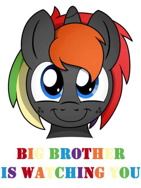 Size: 3000x4000 | Tagged: safe, artist:pananovich, derpibooru import, oc, oc:krylone, unofficial characters only, pony, unicorn, 1984, big brother is watching, freckles, rainbow hair, simple background, smiling, solo, transparent background