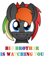 Size: 3000x4000 | Tagged: safe, artist:pananovich, derpibooru import, oc, oc:krylone, unofficial characters only, pony, unicorn, 1984, big brother is watching, freckles, rainbow hair, simple background, smiling, solo, transparent background