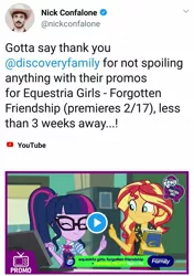 Size: 1065x1517 | Tagged: safe, derpibooru import, screencap, sci-twi, sunset shimmer, twilight sparkle, equestria girls, equestria girls series, forgotten friendship, book, clothes, discovery family, eyes closed, glasses, meta, nick confalone, shipping fuel, smiling, text, thumbs up, twitter