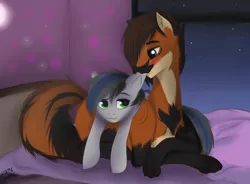 Size: 2605x1920 | Tagged: safe, artist:homecome, derpibooru import, oc, oc:lixthewolf, oc:nightglider, unofficial characters only, bat pony, pony, wolf pony, :3, bed, bedroom, biting, blushing, cuddling, cute, ear bite, laying on bed, lixder, looking at each other, lying down, raised eyebrow, shipping