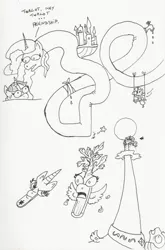 Size: 742x1126 | Tagged: safe, artist:kuroneko, derpibooru import, princess celestia, princess luna, twilight sparkle, alicorn, pony, canterlot, fork, lineart, long neck, looking up, monochrome, neck pony, objectification, princess celery, princess necklestia, pun, royal guard, scared, simple background, sun, traditional art, twilight sporkle, visual pun, wat, white background