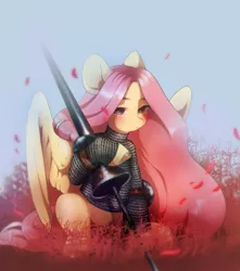 Size: 1907x2160 | Tagged: safe, artist:dagmell, derpibooru import, fluttershy, pegasus, pony, armor, badass, chainmail, chromatic aberration, fantasy class, female, flutterbadass, hauberk, hoof hold, joust, knight, lance, lidded eyes, looking at you, looking sideways, lycoriasis, mare, sitting, solo, spread wings, warrior, weapon, wings