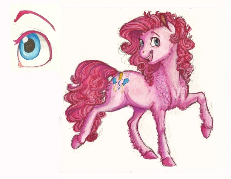 Size: 2188x1696 | Tagged: safe, artist:earthsong9405, deleted from derpibooru, derpibooru import, pinkie pie, earth pony, pony, female, headcanon, long description, mare, prancing, realistic anatomy, realistic horse legs, shoulder feathers, simple background, solo, traditional art, white background