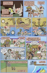 Size: 3300x5100 | Tagged: safe, artist:floofyfoxcomics, derpibooru import, oc, oc:quickshot, oc:sarge, oc:sunlight days, unofficial characters only, earth pony, pegasus, pony, comic:a dash of peppermint, banner, crossbow, dart, female, high res, male, mannequin, mare, scar, shipping fuel, stallion, wingblade