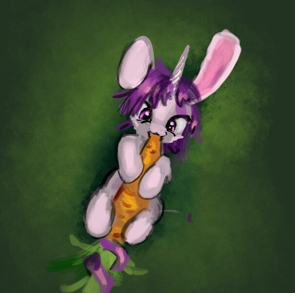 Size: 873x867 | Tagged: safe, artist:xbi, derpibooru import, oc, oc:lapush buns, unofficial characters only, unicorn, bunny ears, bunnycorn, carrot, carrot in mouth, cute, food, male, purple mane, solo, stallion