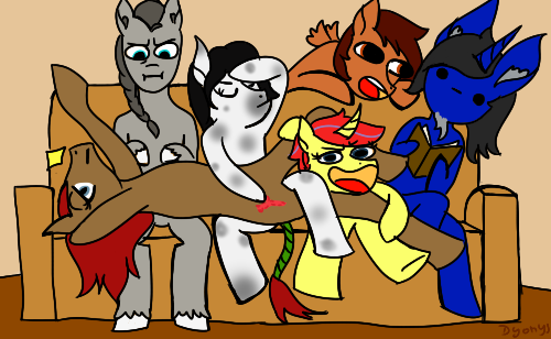 Size: 500x308 | Tagged: safe, artist:dyonys, derpibooru import, oc, oc:bill, oc:coral flute, oc:ink, oc:maya yamato, oc:rosaline mollycoddle, oc:secret, unofficial characters only, earth pony, pegasus, pony, unicorn, arabian, couch, draw your squad, female, male, mare, stallion