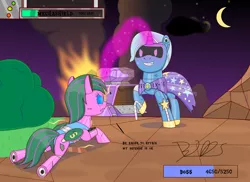 Size: 2000x1454 | Tagged: safe, artist:trackheadtherobopony, derpibooru import, trixie, oc, oc:glimmering shield, changeling, pony, robot, robot pony, boss fight, bush, cape, clothes, damage, dialogue, evil grin, fight, fire, grin, life bar, magic, night, oil, roboticization, signature, smiling, tank (vehicle), trixie's cape, trixiebot