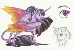 Size: 3200x2208 | Tagged: safe, artist:earthsong9405, deleted from derpibooru, derpibooru import, twilight sparkle, twilight sparkle (alicorn), alicorn, classical unicorn, pony, bust, cloven hooves, colored hooves, colored wings, curved horn, ethereal mane, female, galaxy mane, headcanon, leonine tail, lip bite, long description, mare, multicolored wings, older, realistic anatomy, realistic horse legs, scar, solo, starry mane, tail feathers, traditional art, unshorn fetlocks, wing claws
