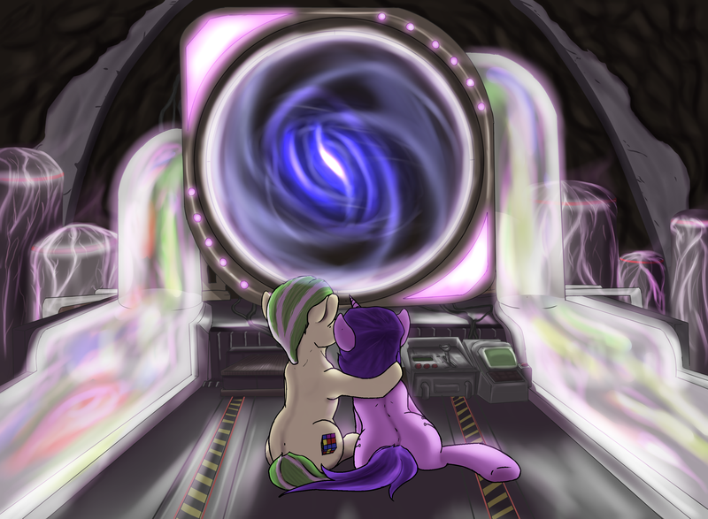 Size: 3200x2347 | Tagged: artist needed, safe, derpibooru import, oc, oc:enigma, oc:technical circuits, unofficial characters only, earth pony, pony, unicorn, fallout equestria, both cutie marks, duo, female, hug, looking away, male, plot, portal, time machine, time portal