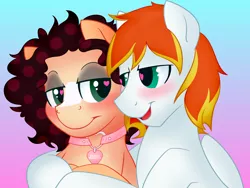 Size: 2000x1500 | Tagged: safe, artist:timidwithapen, derpibooru import, oc, oc:dookin foof lord, oc:timid cookie, unofficial characters only, pony, blushing, collar, gay, heart eyes, hug, looking back, love, male, wingding eyes