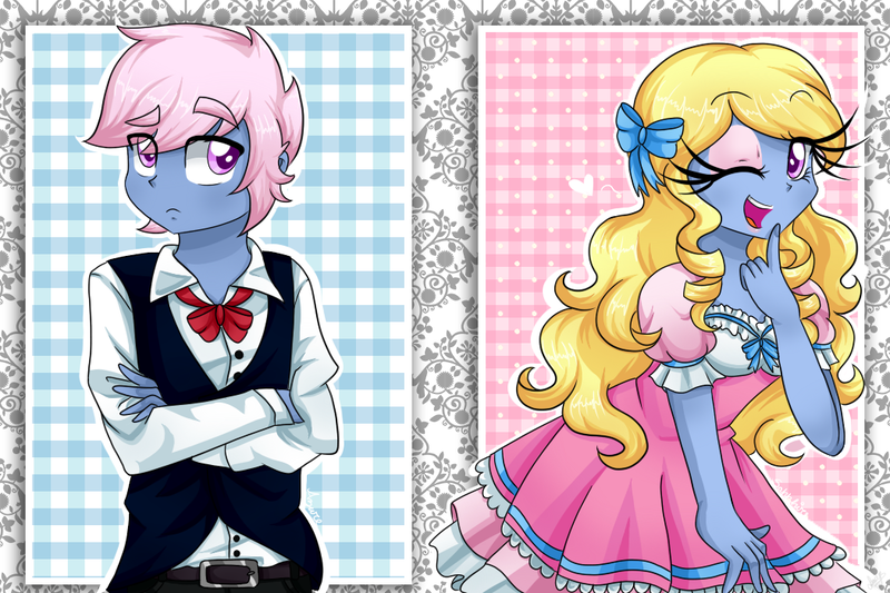Size: 1050x700 | Tagged: safe, artist:lucy-tan, derpibooru import, oc, oc:azure/sapphire, unofficial characters only, equestria girls, before and after, bow, bowtie, clothes, crossdressing, equestria girls-ified, femboy, feminization, lace, makeup, male, vest