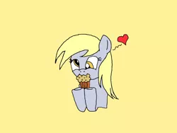 Size: 1600x1200 | Tagged: safe, artist:gempainter32, artist:icey-wicey-1517, derpibooru import, derpy hooves, pegasus, pony, :3, colored, cute, derpabetes, eating, female, food, heart, mare, muffin, nom, simple background, solo, yellow background