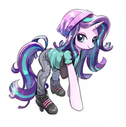 Size: 716x720 | Tagged: safe, artist:quizia, derpibooru import, starlight glimmer, pony, unicorn, equestria girls, mirror magic, spoiler:eqg specials, beanie, boots, clothes, cute, equestria girls outfit, female, glimmerbetes, hat, jacket, jeans, looking at you, mare, pants, quizia is trying to murder us, shoes, simple background, smiling, white background