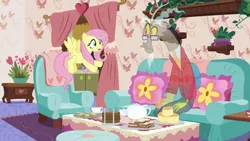 Size: 1280x720 | Tagged: safe, derpibooru import, screencap, discord, fluttershy, pony, discordant harmony, clothes, couch, cup, flying, food, glasses, milk toast, sandwich, scone, sweater, tea set, teacup, teapot, transparent