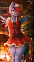 Size: 2750x5007 | Tagged: suggestive, artist:omi, derpibooru import, rainbow dash, anthro, adorasexy, arm behind back, breasts, busty rainbow dash, christmas, christmas tree, clothes, cute, dashabetes, dress, female, fireplace, glasses, holiday, mare, sexy, smiling, snow, snowfall, solo, solo female, stupid sexy rainbow dash, tree, window