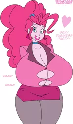 Size: 1175x1987 | Tagged: arm behind back, artist:habbodude, artist:reiduran, big breasts, big lips, bimbo, breasts, business, business suit, busty pinkie pie, cleavage, clothes, colored, derpibooru import, edit, female, happy, heart, hips, huge breasts, human, humanized, hyper, imminent wardrobe malfunction, impossibly big lips, impossibly large breasts, lips, lipstick, miniskirt, monochrome, pantyhose, pinkie pie, sexy, shirt, side slit, skirt, solo, solo female, stupid sexy pinkie, suggestive, suit, text, thighs, wardrobe malfunction, wide hips