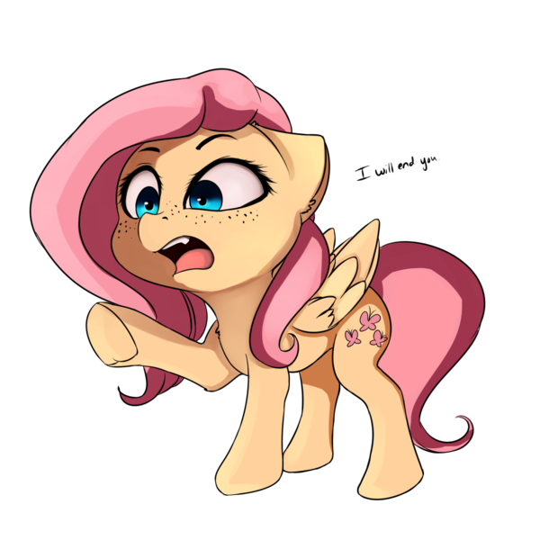 Size: 1200x1200 | Tagged: dead source, safe, artist:miokomata, derpibooru import, fluttershy, pegasus, pony, dialogue, fangs, female, freckles, mare, menacing, simple background, solo, transparent background