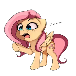 Size: 1200x1200 | Tagged: dead source, safe, artist:miokomata, derpibooru import, fluttershy, pegasus, pony, dialogue, fangs, female, freckles, mare, menacing, simple background, solo, transparent background