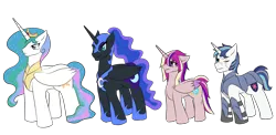 Size: 2600x1270 | Tagged: safe, artist:jolliapplegirl, derpibooru import, nightmare moon, princess cadance, princess celestia, princess luna, shining armor, alicorn, pony, unicorn, dark star au, alternate timeline, alternate universe, armor, bio, crystal war timeline, scar, simple background, transparent background