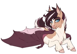 Size: 3000x2116 | Tagged: safe, artist:askbubblelee, derpibooru import, oc, oc:trots n socks, unofficial characters only, bat pony, pony, bat pony oc, fangs, female, mare, piebald coloring, ponysona, prone, short tail, simple background, slit eyes, solo, transparent background, unshorn fetlocks, wing claws