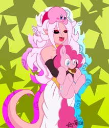 Size: 2377x2791 | Tagged: safe, artist:chris-star-fer, derpibooru import, pinkie pie, earth pony, pony, :d, :o, abstract background, android 21, crossover, cute, diapinkes, donut, dragon ball fighterz, fangs, female, food, holding a pony, hug, kirby, kirby (character), majin android 21, mare, mouth hold, nom, open mouth, pink, smiling, too much pink energy is dangerous, underhoof, xk-class end-of-the-world scenario