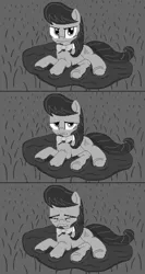 Size: 640x1204 | Tagged: safe, artist:herooftime1000, derpibooru import, octavia melody, earth pony, pony, octavia in the underworld's cello, comic, crying, eyes closed, female, grass, mare, monochrome, mud, open mouth, pixel art, sad, solo