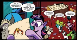 Size: 1005x521 | Tagged: safe, artist:andypriceart, derpibooru import, idw, blacktip, glenda, horwitz, raven, twilight sparkle, twilight sparkle (alicorn), urtica, alicorn, changedling, changeling, dragon, pony, unicorn, yak, spoiler:comic, spoiler:comic62, comic, cropped, female, mare, official comic, speech bubble, treaty