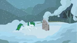 Size: 1920x1080 | Tagged: safe, derpibooru import, oc, unofficial characters only, pony, crying, grave, gravestone, grief, implied death, lying down, rest in peace, snow, solo, winter