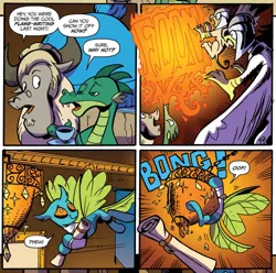 Size: 907x901 | Tagged: safe, artist:andypriceart, derpibooru import, idw, horwitz, urtica, changedling, changeling, dragon, gryphon, yak, spoiler:comic, spoiler:comic62, comic, crash, cropped, female, fire, fire breath, flame-writing, flying, male, official comic, scroll, slapstick, speech bubble
