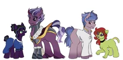 Size: 2505x1223 | Tagged: safe, artist:jolliapplegirl, derpibooru import, oc, oc:alexandrite immanuel pie, oc:magnesia, oc:rawr, oc:somber eclipse, unofficial characters only, earth pony, hybrid, pony, unicorn, dark star au, alternate timeline, alternate universe, armor, bio, clothes, crystal war timeline, dress, female, interspecies offspring, magical lesbian spawn, maid, male, next generation, offspring, parent:king sombra, parent:manticore, parent:pinkie pie, parent:rainbow dash, parent:starlight glimmer, parent:tree hugger, parent:twilight sparkle, parents:mantihugger, parents:pinkiedash, parents:sombralight, parents:twibra, things breeding that should not breed