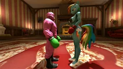Size: 3840x2160 | Tagged: 3d, anthro, artist:clintr, bikini, bikini top, boxing, boxing gloves, breasts, busty rainbow dash, clothes, derpibooru import, faic, fireplace, height difference, little mac (punch out), mike tyson's punch-out, punch out, rainbow dash, smug, smugdash, source filmmaker, sports, suggestive, sweater, swimsuit