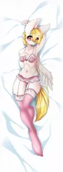 Size: 470x1280 | Tagged: anthro, anthro oc, armpits, artist:peachsoda, body pillow, body pillow design, bra, breasts, clothes, derpibooru import, female, frilly underwear, garter belt, mare, oc, oc:angel heart, on back, panties, pegasus, pink underwear, ribbon, solo, solo female, stockings, suggestive, thigh highs, underwear, unguligrade anthro, unofficial characters only