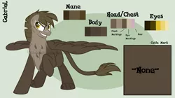 Size: 2147x1203 | Tagged: artist:ipandacakes, derpibooru import, hippogriff, interspecies offspring, male, oc, oc:gabriel, offspring, parent:dumbbell, parent:gilda, parents:gildabell, reference sheet, safe, solo, unofficial characters only