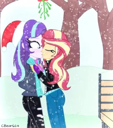 Size: 900x1016 | Tagged: safe, artist:cbear624, derpibooru import, starlight glimmer, sunset shimmer, equestria girls, spoiler:eqg specials, bench, blushing, christmas, clothes, duo, eyes closed, female, hat, holiday, jacket, kissing, lesbian, mistletoe, mittens, pants, santa hat, scarf, shimmerglimmer, shipping, snow, snowfall, surprise kiss