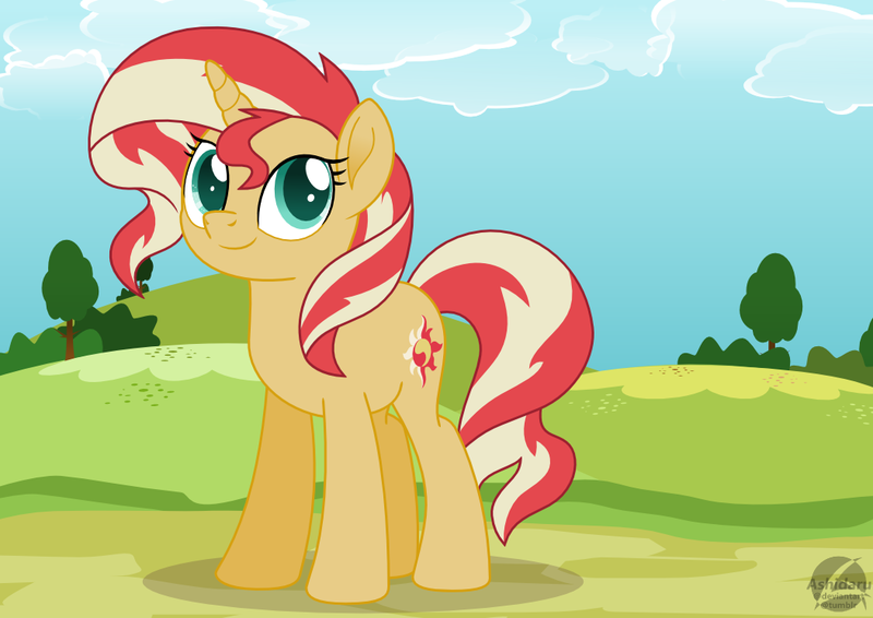 Size: 1052x744 | Tagged: safe, artist:ashidaru, derpibooru import, sunset shimmer, pony, my little pony: the movie, field, movie accurate, solo, tree