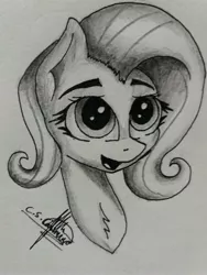 Size: 3096x4128 | Tagged: safe, artist:ironbeastz, derpibooru import, fluttershy, pony, bust, high res, monochrome, portrait, solo, traditional art