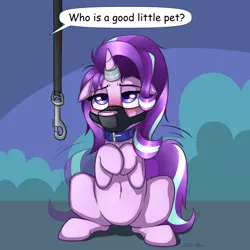 Size: 5000x5000 | Tagged: suggestive, artist:duop-qoub, derpibooru import, edit, starlight glimmer, pony, unicorn, absurd resolution, bdsm, begging, behaving like a dog, belly button, blushing, collar, colored pupils, dialogue, female, femsub, floppy ears, gag, horn ring, leash, lidded eyes, magic suppression, mare, muzzle, muzzle gag, offscreen character, pecker gag, pet glimmer, pet play, sitting, solo, solo female, sublight glimmer, submissive, tail wag