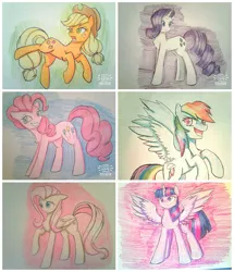 Size: 1019x1184 | Tagged: safe, artist:ponime11, derpibooru import, applejack, fluttershy, pinkie pie, rainbow dash, rarity, twilight sparkle, twilight sparkle (alicorn), alicorn, pony, mane six, spread wings, traditional art, wings